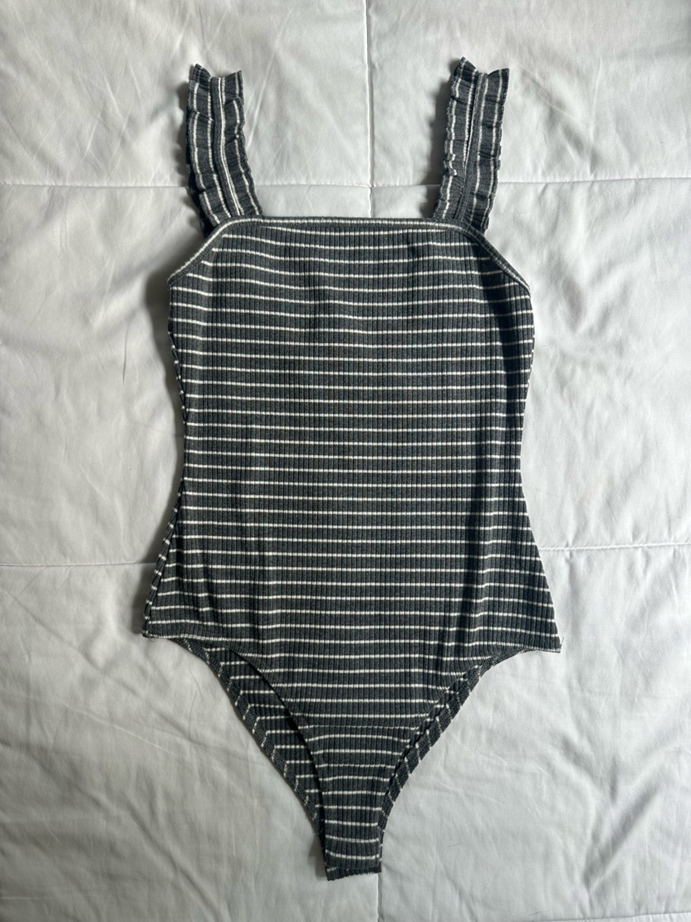 Le Lis Grey and White Striped Ribbed Camisole Bodysuit